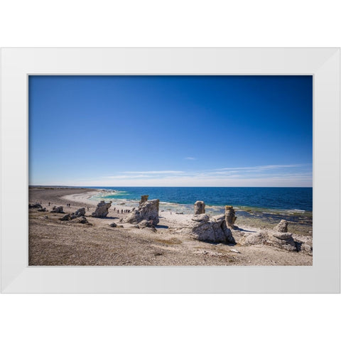 Sweden-Faro Island-Langhammars Area-Langhammar coastal limestone rauk rocks with visitors White Modern Wood Framed Art Print by Bibikow, Walter
