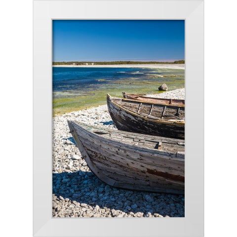 Sweden-Faro Island-Kursviken-coastal farmers fishing boats White Modern Wood Framed Art Print by Bibikow, Walter