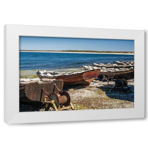 Sweden-Faro Island-Kursviken-coastal farmers fishing boats White Modern Wood Framed Art Print by Bibikow, Walter