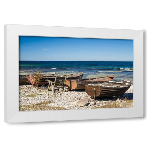 Sweden-Faro Island-Kursviken-coastal farmers fishing boats White Modern Wood Framed Art Print by Bibikow, Walter