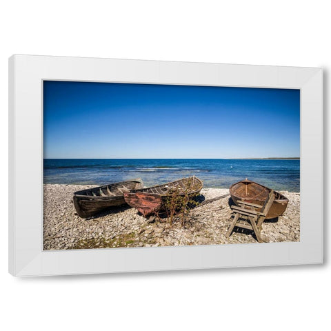 Sweden-Faro Island-Kursviken-coastal farmers fishing boats White Modern Wood Framed Art Print by Bibikow, Walter