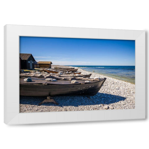 Sweden-Faro Island-Kursviken-coastal farmers fishing boats White Modern Wood Framed Art Print by Bibikow, Walter