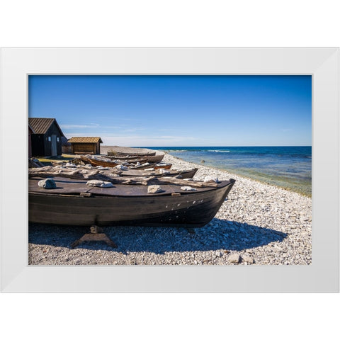Sweden-Faro Island-Kursviken-coastal farmers fishing boats White Modern Wood Framed Art Print by Bibikow, Walter