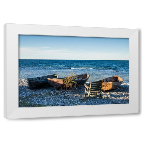 Sweden-Faro Island-Kursviken-coastal farmers fishing boats-sunset White Modern Wood Framed Art Print by Bibikow, Walter