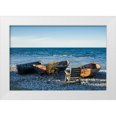 Sweden-Faro Island-Kursviken-coastal farmers fishing boats-sunset White Modern Wood Framed Art Print by Bibikow, Walter