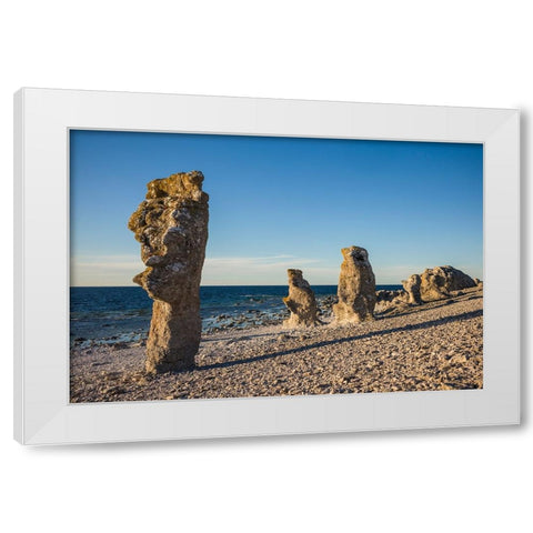 Sweden-Faro Island-Langhammars Area-Langhammar coastal limestone rauk rock-sunset White Modern Wood Framed Art Print by Bibikow, Walter