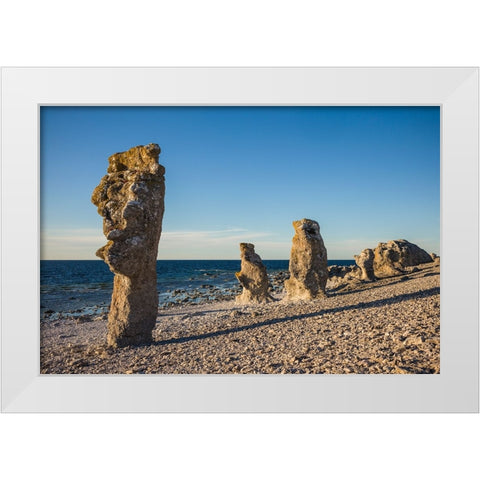 Sweden-Faro Island-Langhammars Area-Langhammar coastal limestone rauk rock-sunset White Modern Wood Framed Art Print by Bibikow, Walter