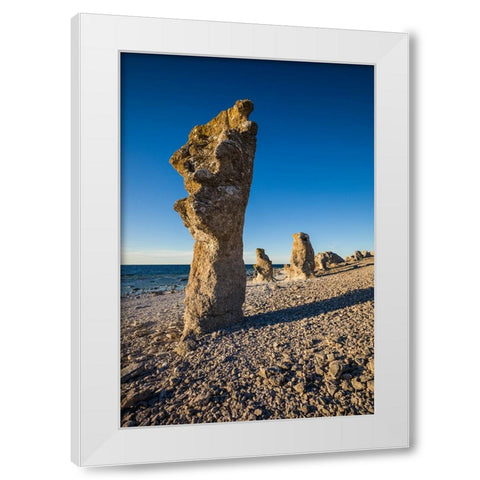 Sweden-Faro Island-Langhammars Area-Langhammar coastal limestone rauk rock-sunset White Modern Wood Framed Art Print by Bibikow, Walter