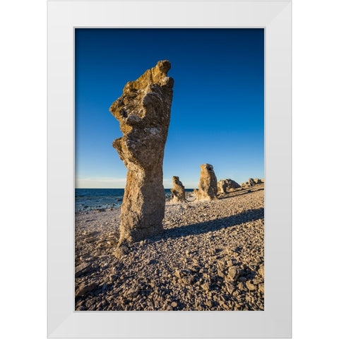 Sweden-Faro Island-Langhammars Area-Langhammar coastal limestone rauk rock-sunset White Modern Wood Framed Art Print by Bibikow, Walter
