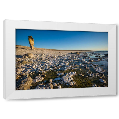 Sweden-Faro Island-Langhammars Area-Langhammar coastal limestone rauk rock-sunset White Modern Wood Framed Art Print by Bibikow, Walter