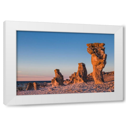 Sweden-Faro Island-Langhammars Area-Langhammar coastal limestone rauk rock-sunset White Modern Wood Framed Art Print by Bibikow, Walter
