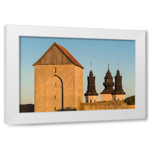 Sweden-Gotland Island-Visby-12th century city wall-most complete medieval city wall in Europe-Oster White Modern Wood Framed Art Print by Bibikow, Walter