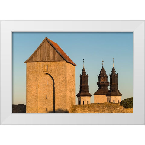 Sweden-Gotland Island-Visby-12th century city wall-most complete medieval city wall in Europe-Oster White Modern Wood Framed Art Print by Bibikow, Walter