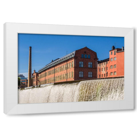 Sweden-Norrkoping-early Swedish industrial town-factory buildings and waterfall White Modern Wood Framed Art Print by Bibikow, Walter
