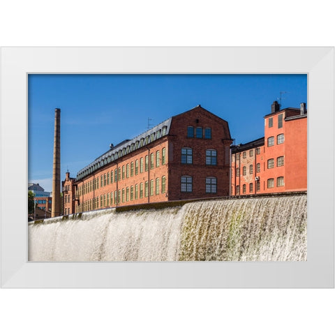 Sweden-Norrkoping-early Swedish industrial town-factory buildings and waterfall White Modern Wood Framed Art Print by Bibikow, Walter
