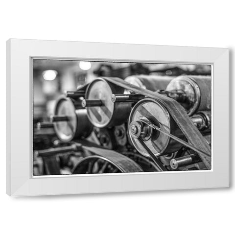 Sweden-Norrkoping-former mill town-19th century cloth loom pulleys White Modern Wood Framed Art Print by Bibikow, Walter