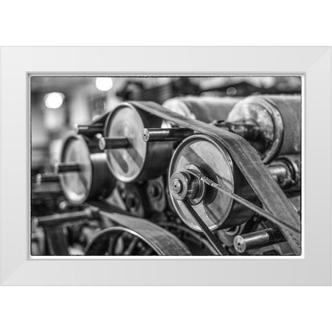 Sweden-Norrkoping-former mill town-19th century cloth loom pulleys White Modern Wood Framed Art Print by Bibikow, Walter