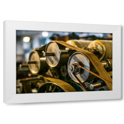 Sweden-Norrkoping-former mill town-19th century cloth loom pulleys White Modern Wood Framed Art Print by Bibikow, Walter