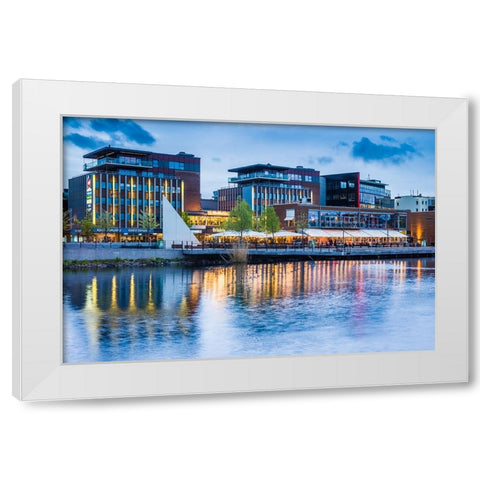 Sweden-Lake Vattern Area-Jonkoping-renovated harbor area along Munksjon Bay-dusk White Modern Wood Framed Art Print by Bibikow, Walter