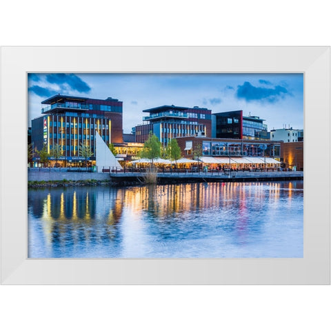 Sweden-Lake Vattern Area-Jonkoping-renovated harbor area along Munksjon Bay-dusk White Modern Wood Framed Art Print by Bibikow, Walter