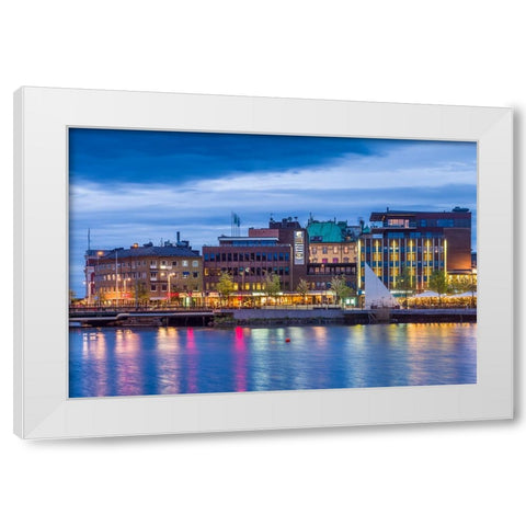 Sweden-Lake Vattern Area-Jonkoping-renovated harbor area along Munksjon Bay-dusk White Modern Wood Framed Art Print by Bibikow, Walter