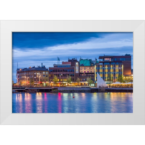 Sweden-Lake Vattern Area-Jonkoping-renovated harbor area along Munksjon Bay-dusk White Modern Wood Framed Art Print by Bibikow, Walter