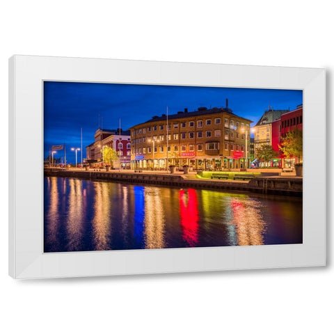 Sweden-Lake Vattern Area-Jonkoping-renovated harbor area along Munksjon Bay-dusk White Modern Wood Framed Art Print by Bibikow, Walter