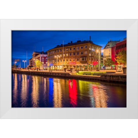 Sweden-Lake Vattern Area-Jonkoping-renovated harbor area along Munksjon Bay-dusk White Modern Wood Framed Art Print by Bibikow, Walter