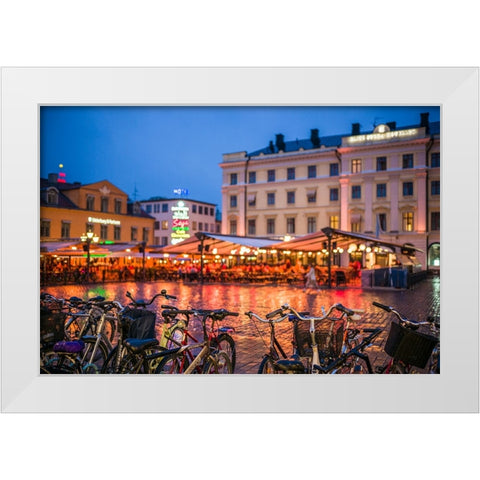 Sweden-Linkoping-cafes and bars on Stora target square-dusk White Modern Wood Framed Art Print by Bibikow, Walter