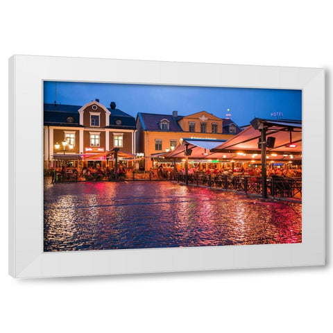 Sweden-Linkoping-cafes and bars on Stora target square-dusk White Modern Wood Framed Art Print by Bibikow, Walter