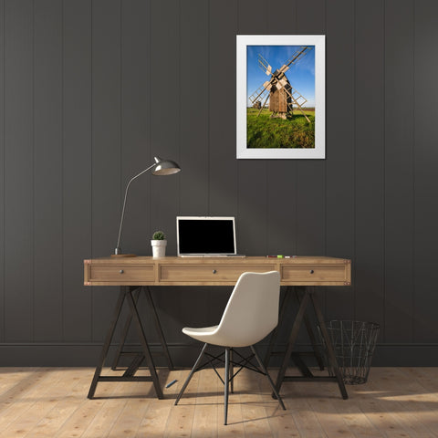 Sweden-Oland Island-Lerkaka-antique wooden windmills White Modern Wood Framed Art Print by Bibikow, Walter