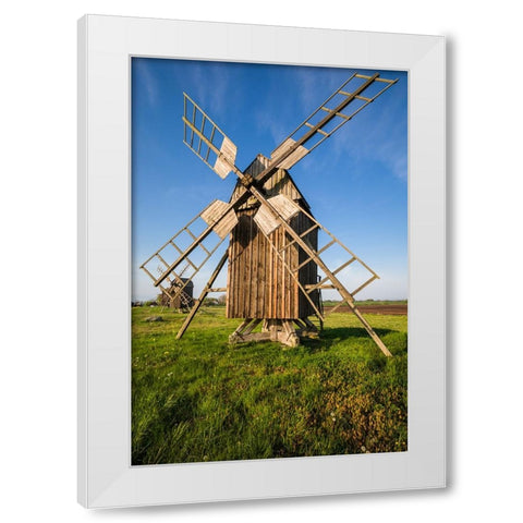 Sweden-Oland Island-Lerkaka-antique wooden windmills White Modern Wood Framed Art Print by Bibikow, Walter