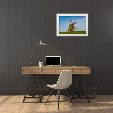 Sweden-Oland Island-Lerkaka-antique wooden windmills White Modern Wood Framed Art Print by Bibikow, Walter