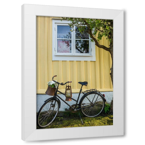 Southern Sweden-Karlskrona-Bjorkholmen area-the neighborhood of naval craftsmen-bicycle White Modern Wood Framed Art Print by Bibikow, Walter