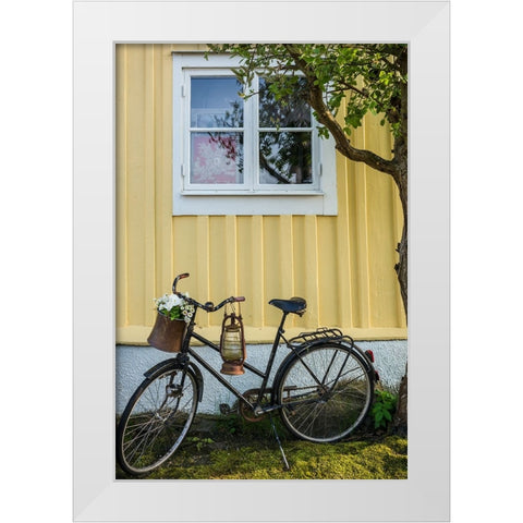 Southern Sweden-Karlskrona-Bjorkholmen area-the neighborhood of naval craftsmen-bicycle White Modern Wood Framed Art Print by Bibikow, Walter