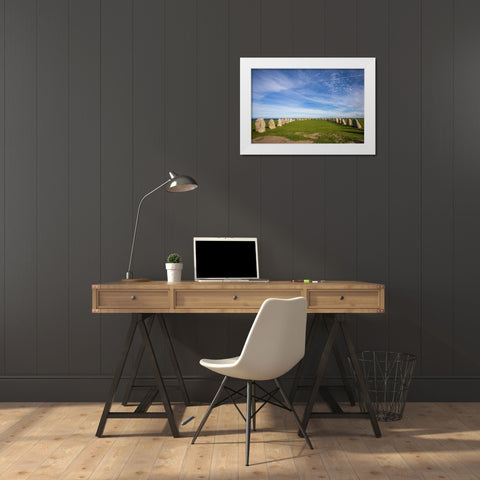Southern Sweden-Kaseberga-Ales Stenar-Ales Stones-early peoples ritual site-600 AD White Modern Wood Framed Art Print by Bibikow, Walter