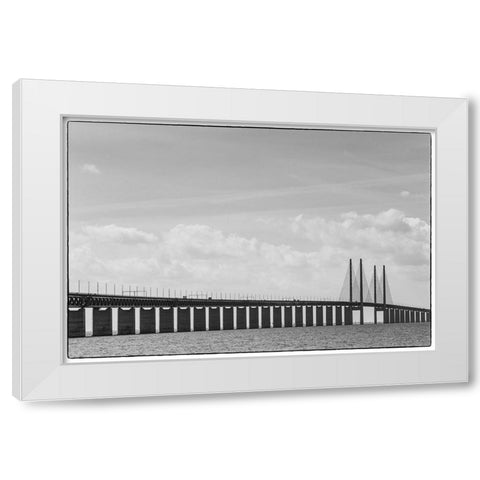 Sweden-Scania-Malmo-Oresund Bridge-longest cable-tied bridge in Europe-linking Sweden and Denmark White Modern Wood Framed Art Print by Bibikow, Walter