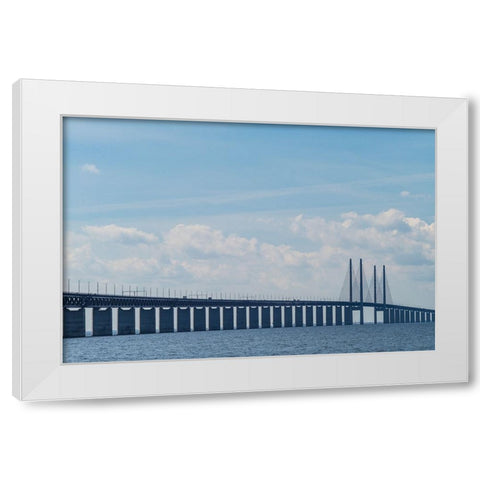 Sweden-Scania-Malmo-Oresund Bridge-longest cable-tied bridge in Europe-linking Sweden and Denmark White Modern Wood Framed Art Print by Bibikow, Walter