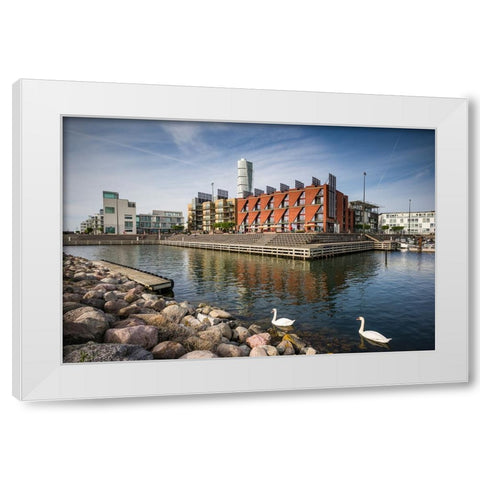 Sweden-Scania-Malmo-Turning Torso building-designed by architect Santiago Calatrava-2005 with Vastr White Modern Wood Framed Art Print by Bibikow, Walter