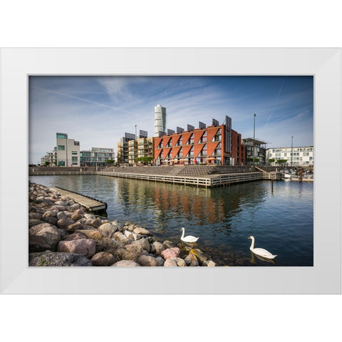 Sweden-Scania-Malmo-Turning Torso building-designed by architect Santiago Calatrava-2005 with Vastr White Modern Wood Framed Art Print by Bibikow, Walter