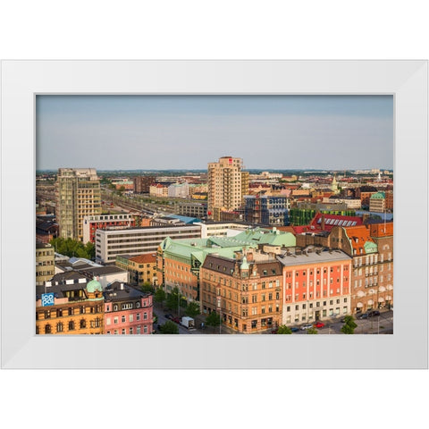 Sweden-Scania-Malmo-Inre Hamnen inner harbor-elevated skyline view White Modern Wood Framed Art Print by Bibikow, Walter