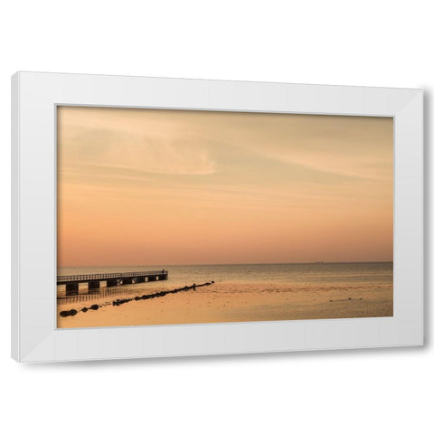 Sweden-Scania-Malmo-Riberborgs Stranden beach area-pier at sunset White Modern Wood Framed Art Print by Bibikow, Walter