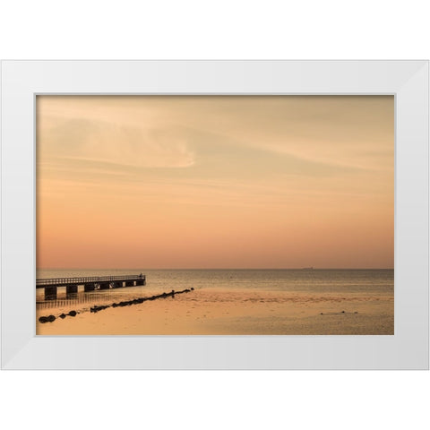 Sweden-Scania-Malmo-Riberborgs Stranden beach area-pier at sunset White Modern Wood Framed Art Print by Bibikow, Walter