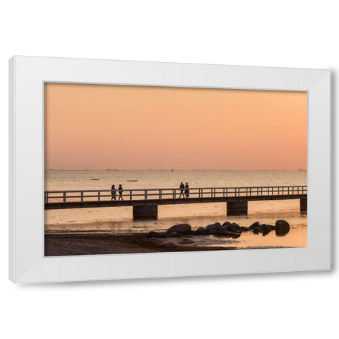 Sweden-Scania-Malmo-Riberborgs Stranden beach area-pier at sunset White Modern Wood Framed Art Print by Bibikow, Walter