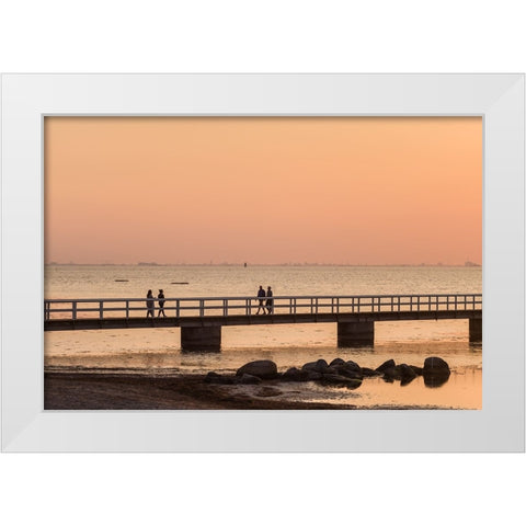 Sweden-Scania-Malmo-Riberborgs Stranden beach area-pier at sunset White Modern Wood Framed Art Print by Bibikow, Walter
