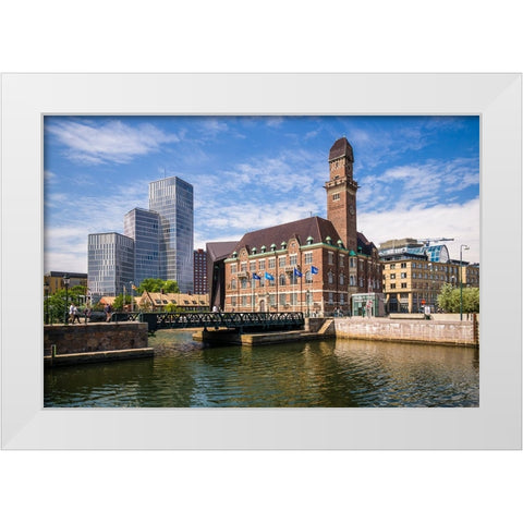 Sweden-Scania-Malmo-Bagers Plats square-World Maritime University and the Malmo Live buildings White Modern Wood Framed Art Print by Bibikow, Walter