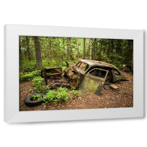 Sweden-Smaland-Ryd-Kyrko Mosse Car Cemetery-former junkyard now pubic park-junked cars White Modern Wood Framed Art Print by Bibikow, Walter