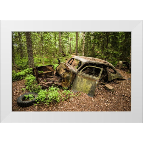 Sweden-Smaland-Ryd-Kyrko Mosse Car Cemetery-former junkyard now pubic park-junked cars White Modern Wood Framed Art Print by Bibikow, Walter