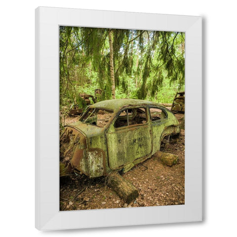 Sweden-Smaland-Ryd-Kyrko Mosse Car Cemetery-former junkyard now pubic park-junked cars White Modern Wood Framed Art Print by Bibikow, Walter