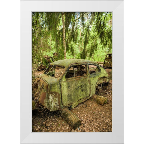 Sweden-Smaland-Ryd-Kyrko Mosse Car Cemetery-former junkyard now pubic park-junked cars White Modern Wood Framed Art Print by Bibikow, Walter